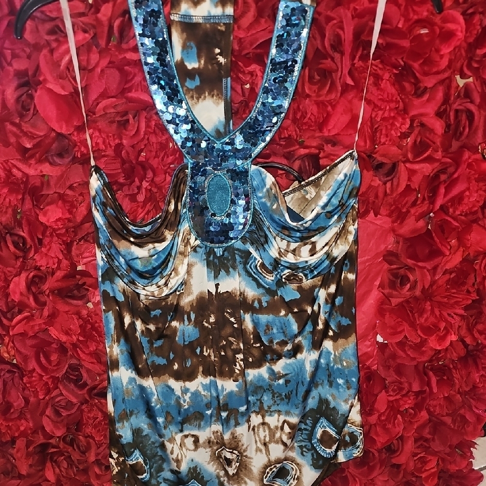 Dots NWT Sequin Blue and Brown Sleeveless Blouse Size Large